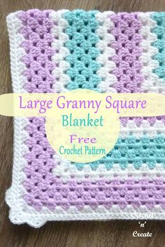 the large granny square blanket is crocheted in blue, purple and white yarn