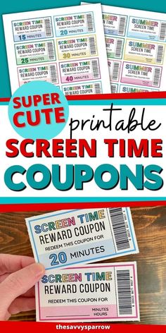 printable coupons with the text super cute printable screen time coupons on them