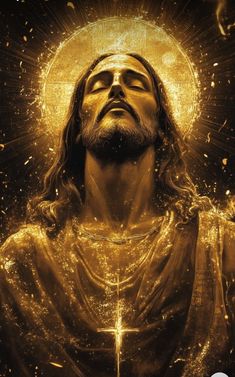 the face of jesus surrounded by gold splatters