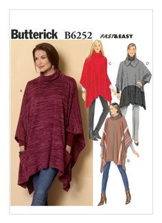 "Butterick Pattern B6252 Pullover poncho has cowl-neck variations, and stitched hem. A: Patch pockets. B: Contrast cowl. C: Snap closing on collar. C, D: Seam detail and inset pockets. D: Contrast and open collar. For moderate stretch knits only. Designed for medium-weight moderate stretch knits. FABRICS: Ponte Knit, Sweater Knits. NOTIONS: C: Two 3/4\" - 1\" Snaps. Uncut and factory folded.  The envelope has light shelf wear  SHIPPING:  Shipping charges will apply to the first pattern purchased Poncho Pattern Sewing, Knit Wrap Pattern, Cowl Neck Poncho, Womens Poncho, Ladies Poncho, Butterick Pattern, Poncho Pattern, Butterick Sewing Pattern, Wrap Pattern