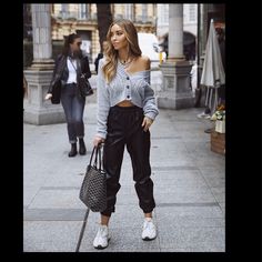 Zara New Faux Leather Joggers Leather Pants With Jordan Ones, Leather Joggers Boots, Sweatpants Leather Boots, Leather Pants Women Sneakers, Leather Pants With Smeakers, Jordan 1 Leather Pants, Zara Leather Joggers, Winter Outfits Joggers, Jogger Pants Outfit Women