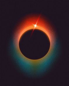 an eclipse in the sky with a bright red and blue ring on it's side