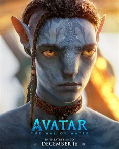 avatar movie poster with blue skin and orange eyes, in the background is an image of a