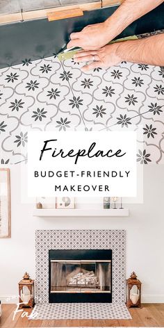 a fireplace with the words fireplace budget - friendly makeover above it and below it