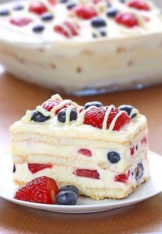 a piece of cake with strawberries and blueberries on it