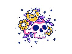 a skull with flowers on it's head and stars in the sky behind it