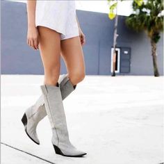 Free People Jeffrey Campbell Nib Size 9 Big Sky Western Boot Grey Cowboy Knee Gray Pointed Toe Boots For Spring, Spring Gray Pointed Toe Boots, Chic Gray Boots For Spring, Chic Gray Spring Boots, Flat Heel Suede Boots For Summer, Chic Gray Leather Boots, Boots Tall, Free People Shoes, Western Boot