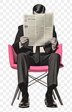 a man in a suit sitting on a pink chair reading a newspaper, hd png