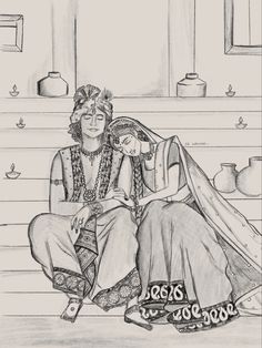 a drawing of two women sitting on the floor next to each other, one is holding her head