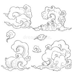 clouds in the sky with different shapes and sizes, each one drawn by hand on white paper