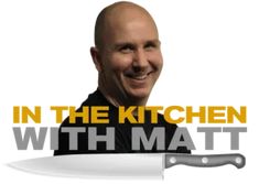 a smiling man holding a large knife in front of the words in the kitchen with matt