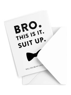 two cards with the words bro this is it suit up and an image of a bow tie