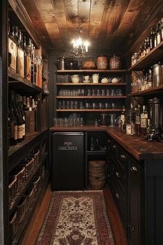 an old fashioned kitchen with lots of bottles on the shelves