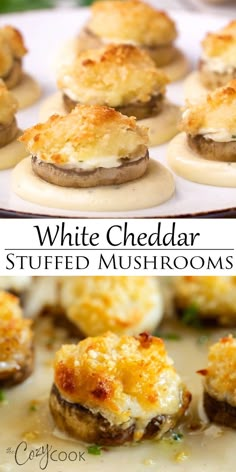 white cheddar stuffed mushrooms with cheese on top