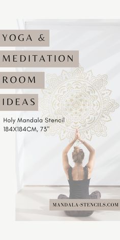 the yoga and meditation room ideas flyer with a woman sitting in front of a white background