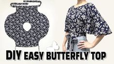 a woman standing next to a vase with the words diy easy butterfly top