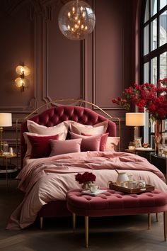 a bed with pink comforters and pillows in a room next to a large window