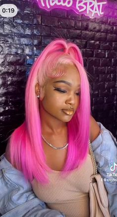 Pink Wig With Swoop, Pink Lace Front Wig Styles, Colorful Lace Front Wig Black Women, Red Skunk Stripe Knotless Braids, Wig Installs With Color, Pink Wigs For Black Women Hairstyles, Blond Wig With Bangs, V Day Hairstyles, Pink Half Up Half Down