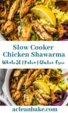 slow cooker chicken shawama with rice and lemon wedges in a white bowl