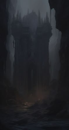 a dark castle in the middle of a forest with fog and light coming from it