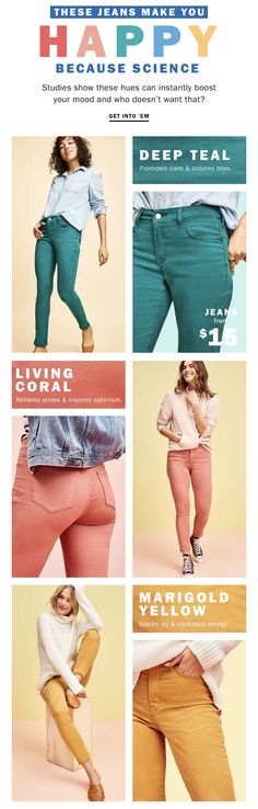 an advertisement for jeans with different colors and sizes, including the words happy on it