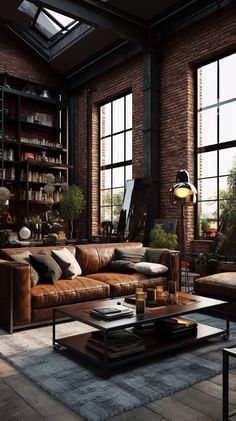 a living room filled with lots of furniture next to large windows and bookshelves