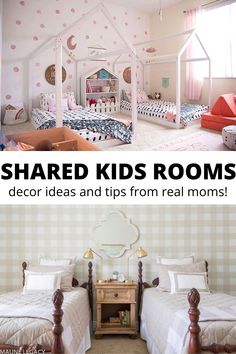 two beds in a room with pink polka dot wallpaper and the words shared kids rooms decor ideas and tips from real moms