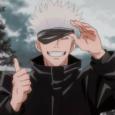 an anime character with white hair giving the thumbs up sign while wearing a black jacket