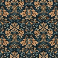 an ornate blue and gold wallpaper with flowers