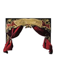 a red and gold canopy with curtains on it