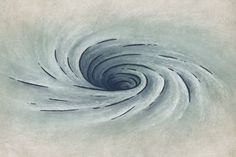 an abstract painting with blue and white swirls in the center on a gray background