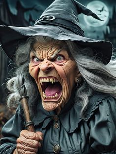 an old woman dressed as a wizard holding a broom and wearing a hat with her mouth open