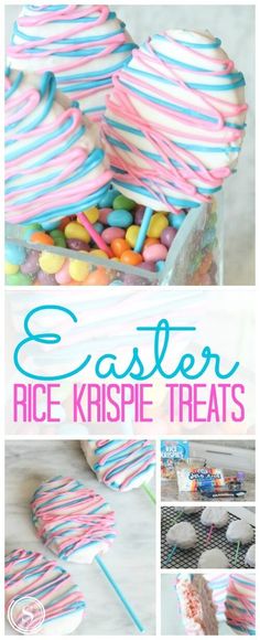 easter rice krispie treats with colorful candy and marshmallows in the middle