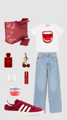 the contents of a red and white outfit including shoes, handbag, sunglasses, lipstick