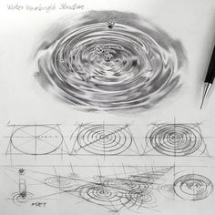 a pencil drawing of various shapes and lines in the shape of circles, with water swirling over them