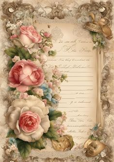 an old fashioned wedding card with roses on the front and side, surrounded by other flowers