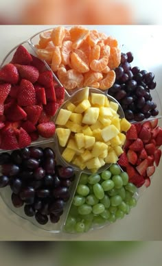 an assortment of fruits arranged in a circle on a plate with grapes, strawberries, and oranges