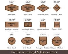 the sizes and shapes of leather labels for use with vinyl & laser cutters,