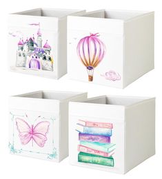 three boxes with different designs on them and one has a hot air balloon in the middle