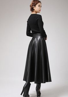 Black faux leather skirt Classic style maxi skirt women PU Fitted Flared Leather Skirt, Fall Party Full Maxi Skirt, Leather Pleated Skirt For Party, Faux Leather Lined Midi Skirt, Fitted Faux Leather Flared Skirt, Elegant Faux Leather Midi Skirt, Fall Evening Wide Leg Maxi Skirt, Evening Faux Leather Skirt, Elegant Long Leather Skirt