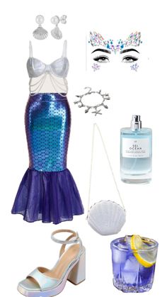 a woman's outfit and accessories are arranged in the shape of a mermaid costume