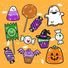 a collection of halloween themed items on an orange background