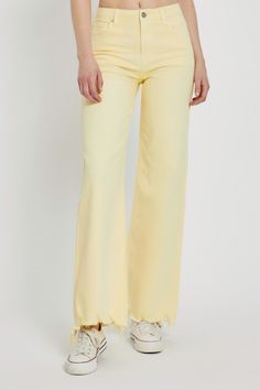 High rise wide leg jeans. Features: Button and zip fly closure Belt loops Raw hem Fabric: 92% Cotton 6% Polyester 2% Spandex RDP5383 Color Jeans, Yellow Jeans, Rush Dresses, High Rise Wide Leg Jeans, Cute Preppy Outfits, Pink Jeans, Cute Jeans, Waist Jeans, Really Cute Outfits