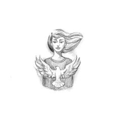 a pencil drawing of a woman with long hair and two birds on her shoulder, in front of a white background