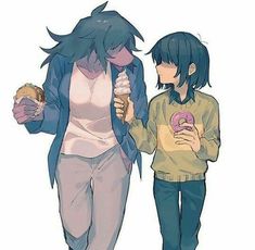 two people walking down the street with donuts in their hands and one holding an ice cream cone