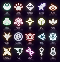 an array of different colored symbols on a black background