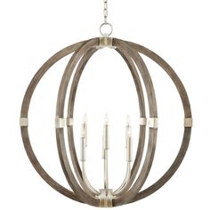 a wooden circular chandelier with candles hanging from the bottom and two rows of candles on