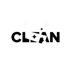 the word clean is written in black and white, with stars on top of it