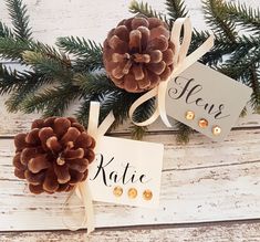 two pine cones are sitting next to each other on top of a white wooden table