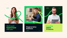 three different business brochures with people working on laptops and one holding a tablet